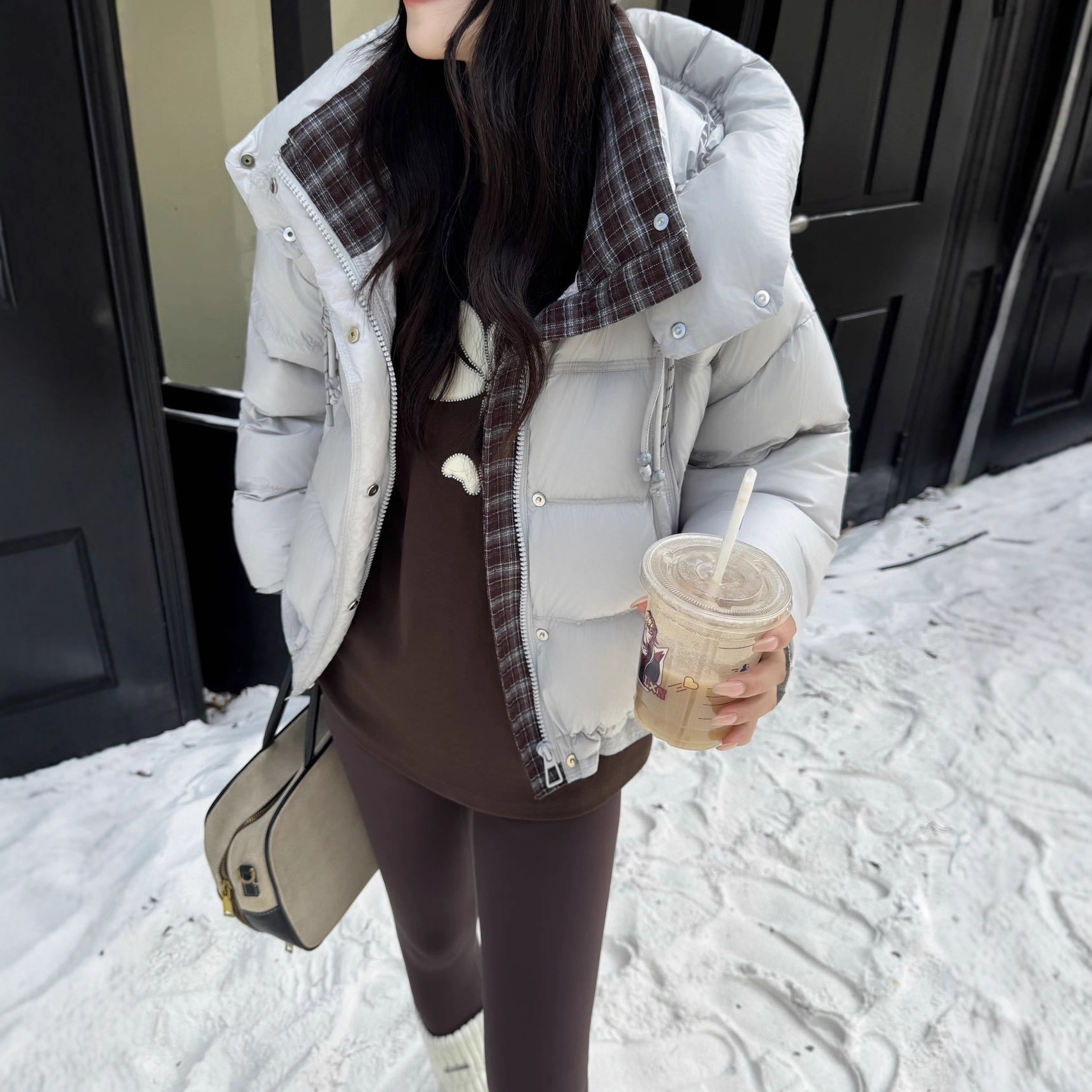 Silver Plaid Patchwork down Jacket for Women, Petite Size, 2025 Winter New Korean Style, Thickened White Duck down Short Coat