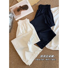 シンプルなハイエンドの黒と白の水玉チェック柄木耳レースワイドレッグパンツ女性の夏のリラックスした休暇ルーズストレートカジュアルパンツ