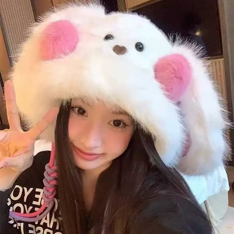 ぬいぐるみクマの帽子女性のための秋と冬 2025 新しいかわいい顔が見える小さな防風暖かい耳保護多用途プルオーバー帽子
