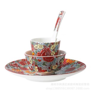 Hotel Wedding Banquet Restaurant Embossed Colorful Flower Tableware Set Four-Piece Set Painted Ceramic Dishes Spoon Cup