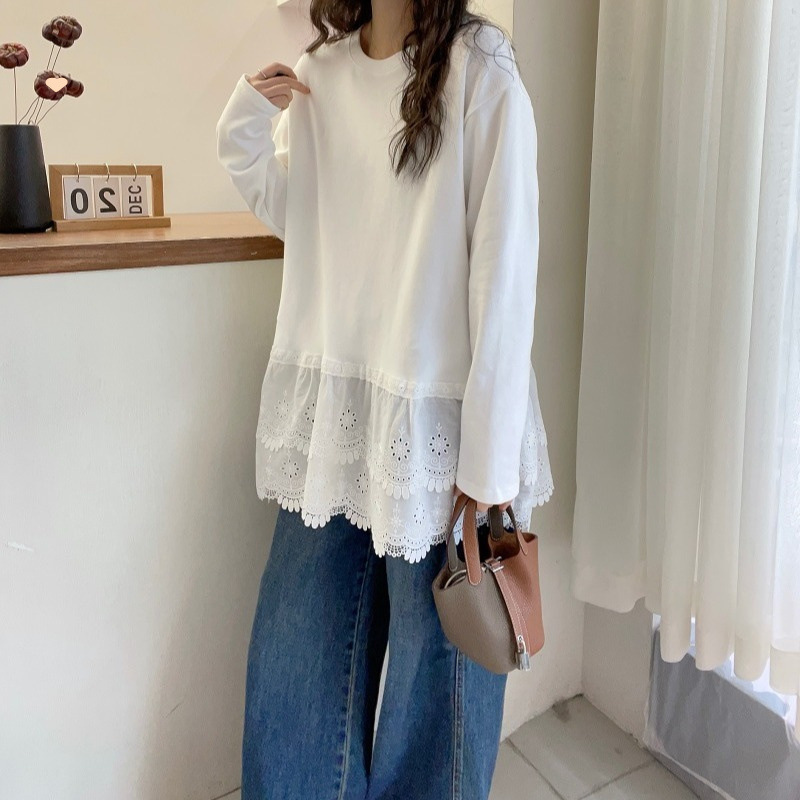 Spring and Autumn Lace Hem Patchwork Shirt for Women, New European Style, Fashionable Long-Sleeve Summer Plus-Size Cotton Base Shirt