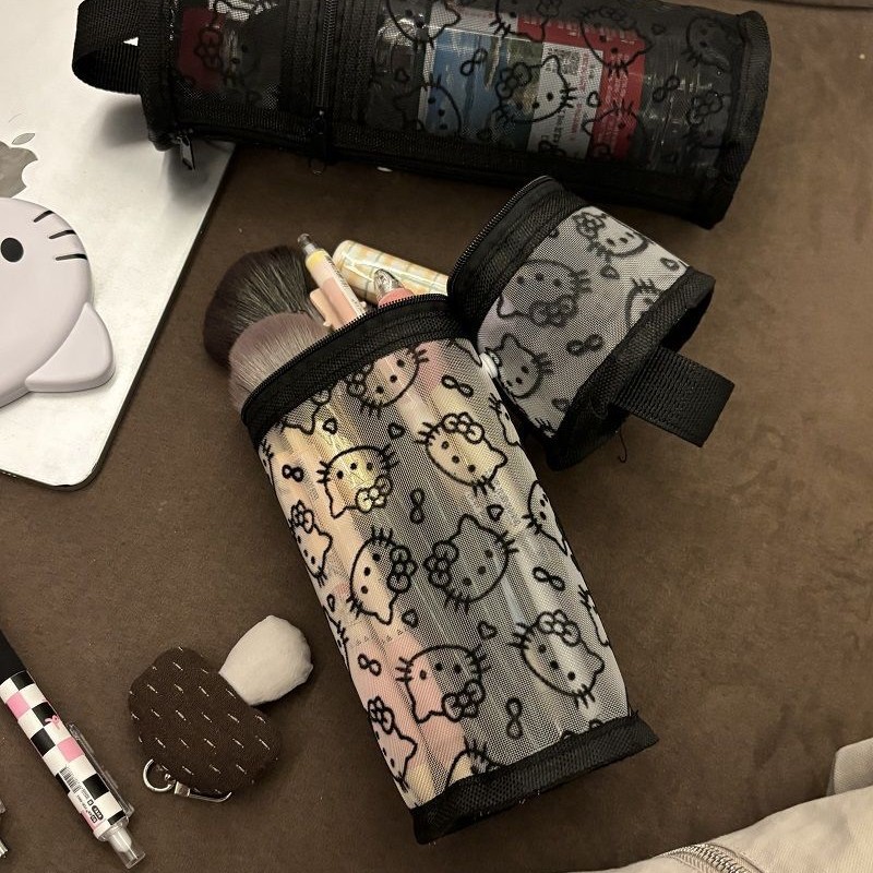 다용도 대용량 키티 고양이 메쉬 휴대용 버킷 펜 가방 화장품 가방 브러쉬 가방은 서서 먼지 방지 휴대 가능