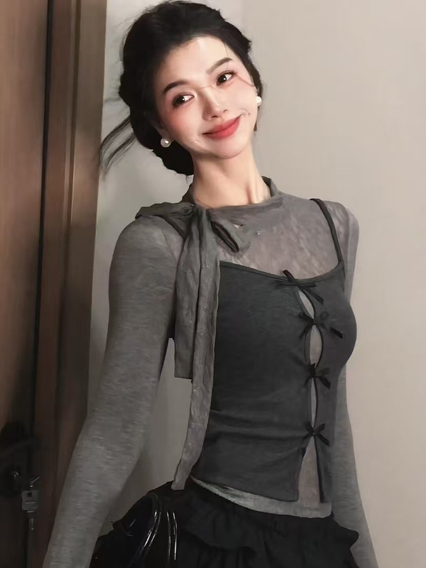 灰色辣妹蝴蝶结真两件长袖t恤女秋季设计感纯欲风修身打底衫上衣|undefined