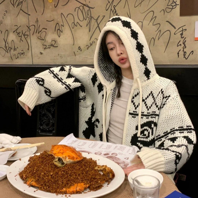 现货韩素希柳智敏韩国小众麋鹿提花针织连帽拉链外套开衫毛衣女|undefined