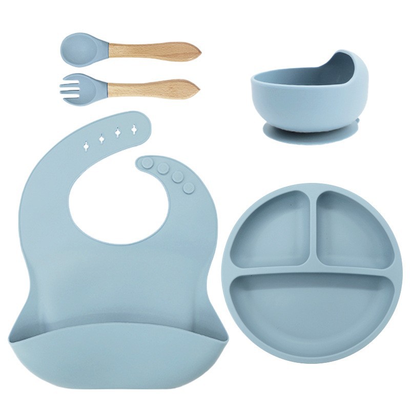 115g 턱받이 + 작은 흡입 컵 + 그릇 + 나무 포크와 스푼 회색 파란색