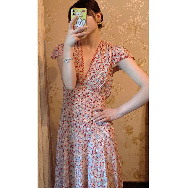 387# French Style High-end Vacation Style V-neck Floral Dress Elegant Goddess Style Summer New Thin Long Dress 387# French Style High-end Vacation Style V-neck Floral Dress Elegant Goddess Style Summer New Thin Long Dress