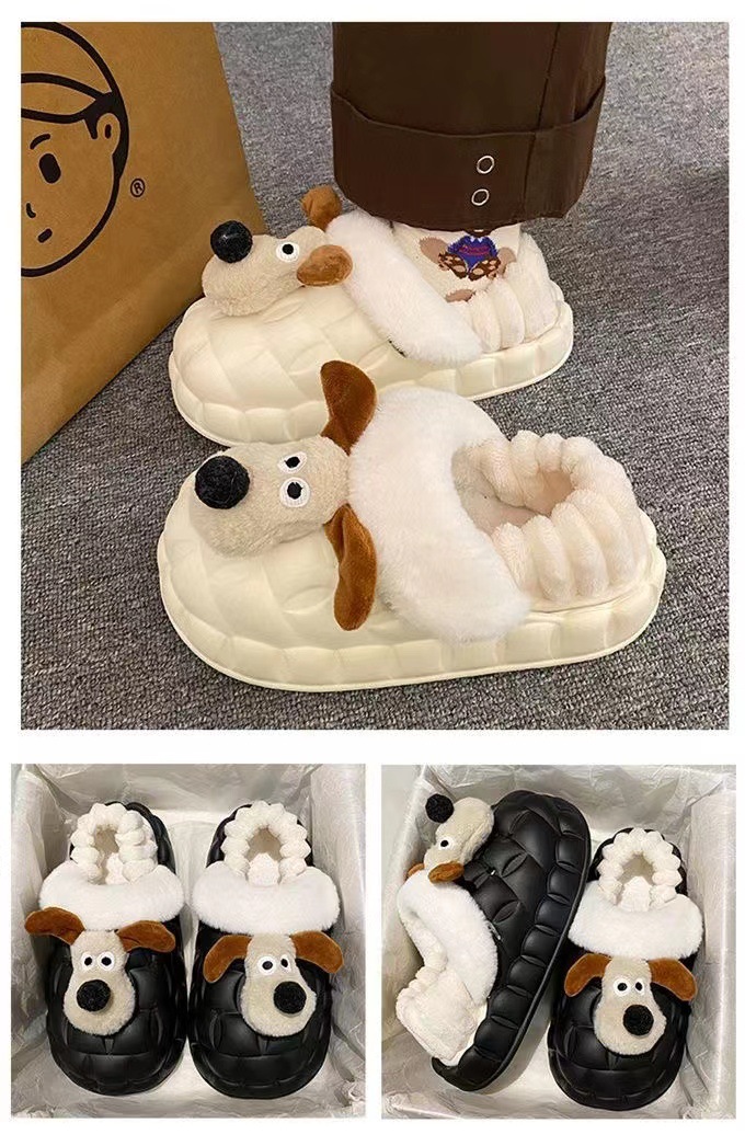 Pantofole da donna impermeabili con motivo a cane dei cartoni animati, antiscivolo, fondo spesso, calde e morbide, graziose scarpe di cotone per la casa e_voghion.com