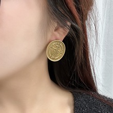 青岛中古复古高级设计圆币耳钉小众宫廷风百搭浮雕打标耳拍耳饰