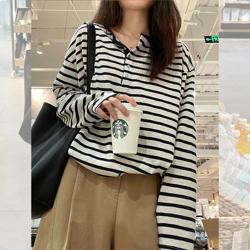 宽松慵懒风条纹T恤女早秋穿搭韩系chic别致高级感可单穿长袖上衣|undefined