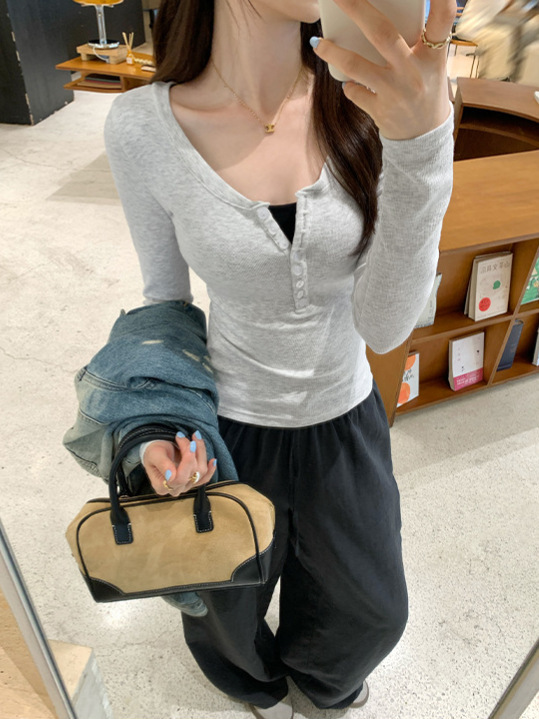 早秋打底衫女内搭2025新款外穿螺纹修身显瘦白色长袖t恤辣妹上衣|undefined