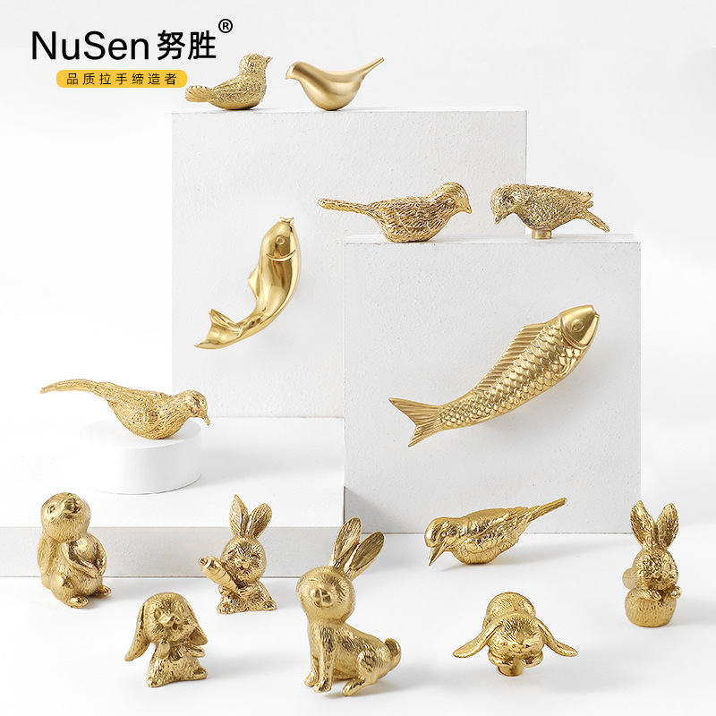 Creative Personality Brass Small Pull Handle Nordic Light Luxury Bird Koi Fish Rabbit Drawer Solid Copper Cabinet Handle
