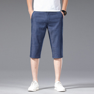 2025 New Tencel Men's Denim Shorts Loose Straight Cropped Pants Middle-Aged Dad Summer Thin Mid-Length Pants Men