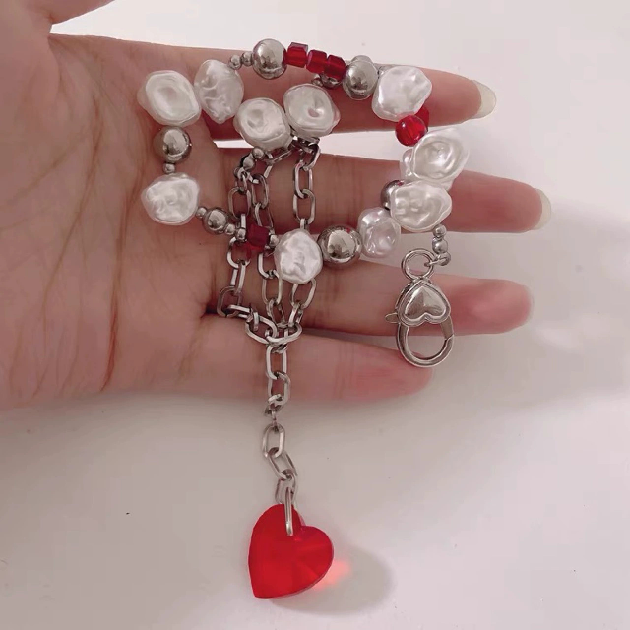 Rote Kristall Perlenkette Für Damen Einzigartiges Hip Hop Collier_voghion.com