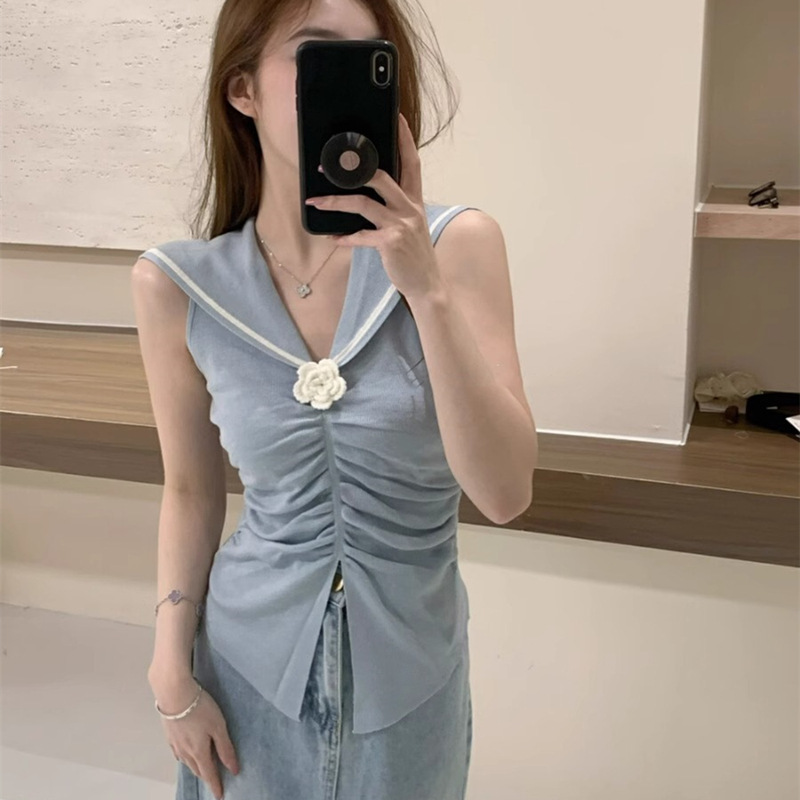 Korean 2024 Summer New Korean Style Slim-fit Navy Lapel Handmade Flower Pullover Knitted Vest