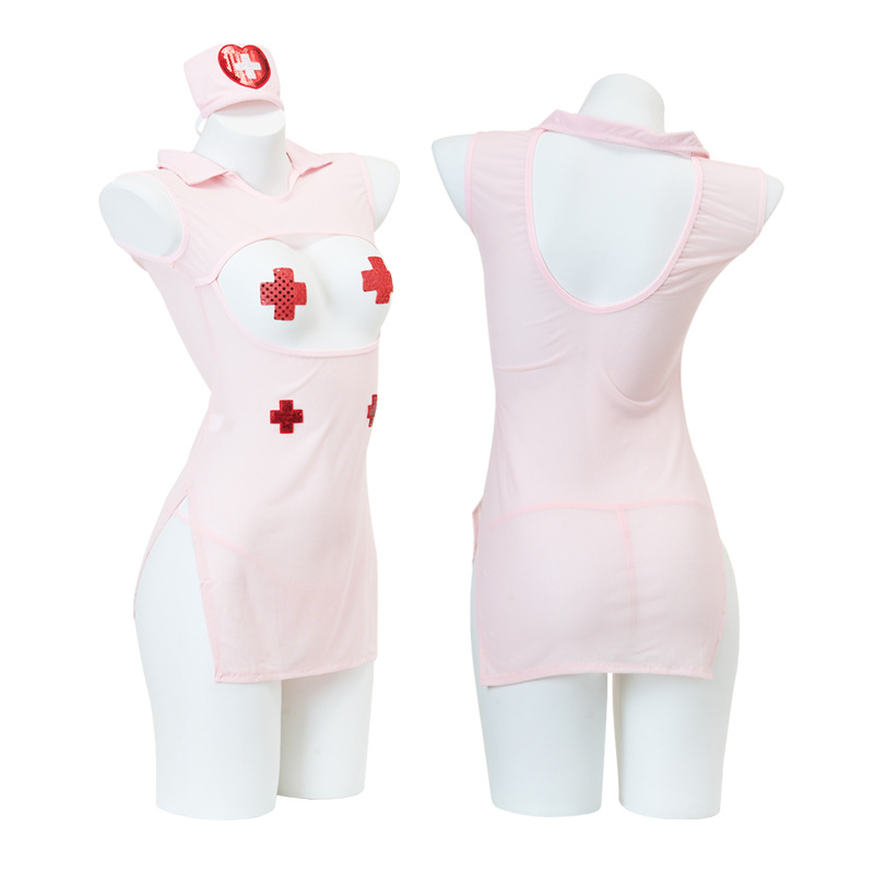Pinna's New Hollowed-Out Breast-Revealing Pink Gauze Nurse Outfit Sexy Intimates Uniform Temptation Sexy Suit 365