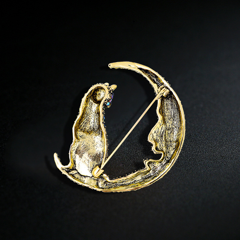 Daily, Street Occasion Alloy Material Shiny Pin Moon Cat Alloy Inlay Rhinestones Women's Brooches