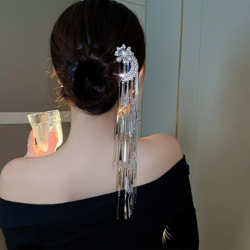 New Chinese style flower pearl tassel hairpin hairpin on the back of the head cold style metal hairpin for women