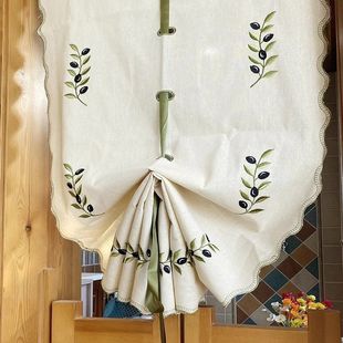 Finished Curtain Olive Branch Embroidery Cotton and Linen Punch-Free Bay Window Adjustable Roman Curtain American Living Room Partition Curtain