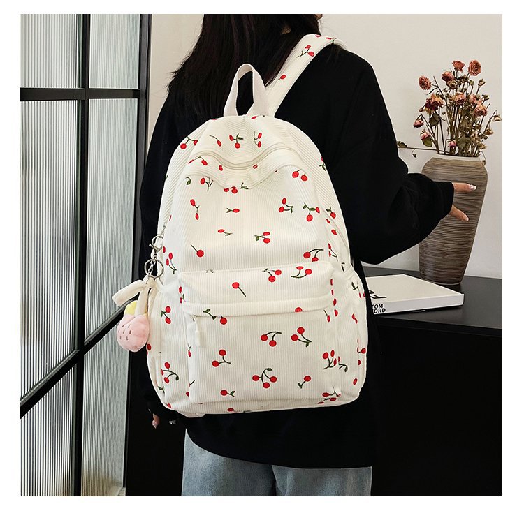 1197g Weight Polyester Lining Material Zipper Closure Type Double Shoulder Straps Strap Type Casual, School, Daily Occasion Corduroy Material Back To School Festival School Backpack Backpack Cherry Pattern All Seasons Season Women's Gender Cute Style Shell Shape Cherry Casual School Daily School Backpack 2