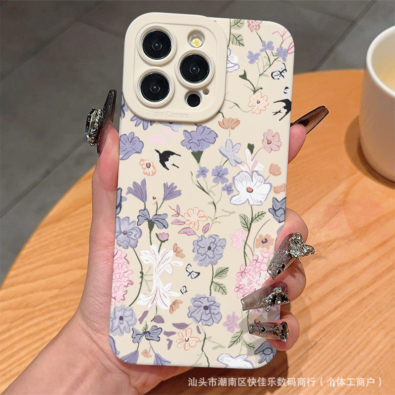 简约花鸟适用iPhone保护套苹果11/12/13/14Pro/15/16ProMax手机壳