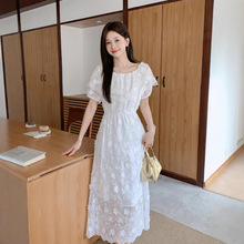 2025夏季一字肩连衣裙法式宫廷风大翻领立体刺绣原创设计师连衣裙