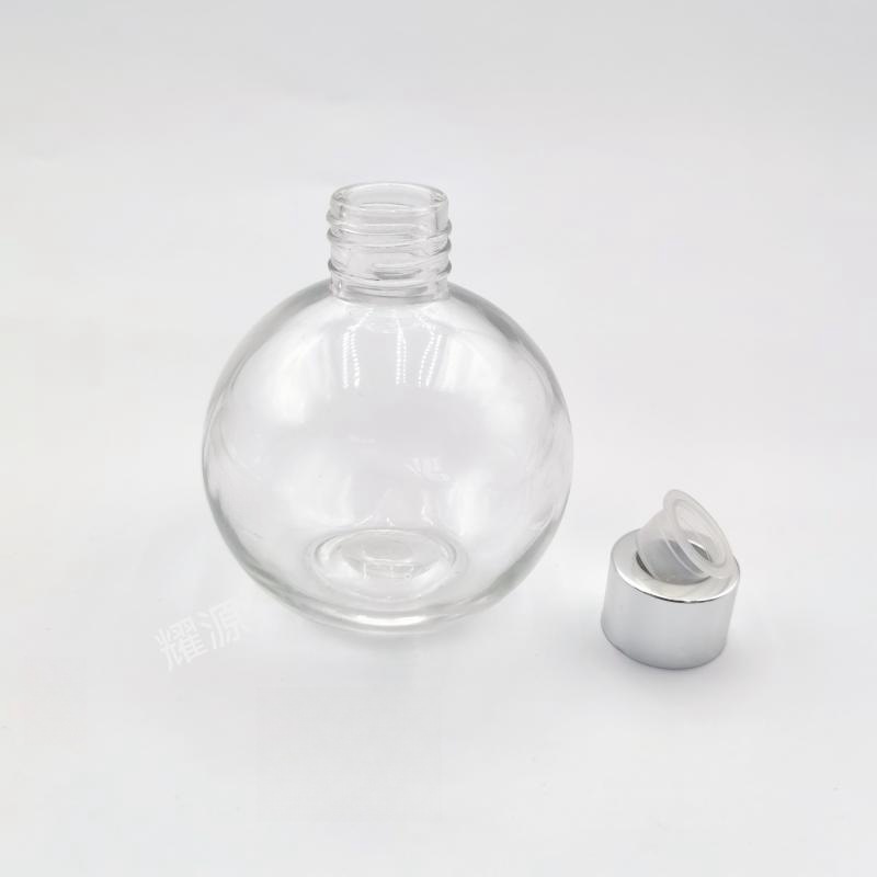 Botella de fragancia transparente con boca de tornillo en stock, botella de fragancia de vidrio esférica vacía, botella de fragancia de boca plana, botella de fragancia dividida