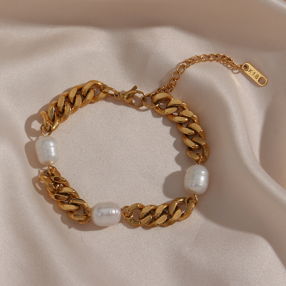 Pulsera de acero inoxidable de tres perlas con cadena de eslabones de Cuba para mujer de moda al por mayorpicture5