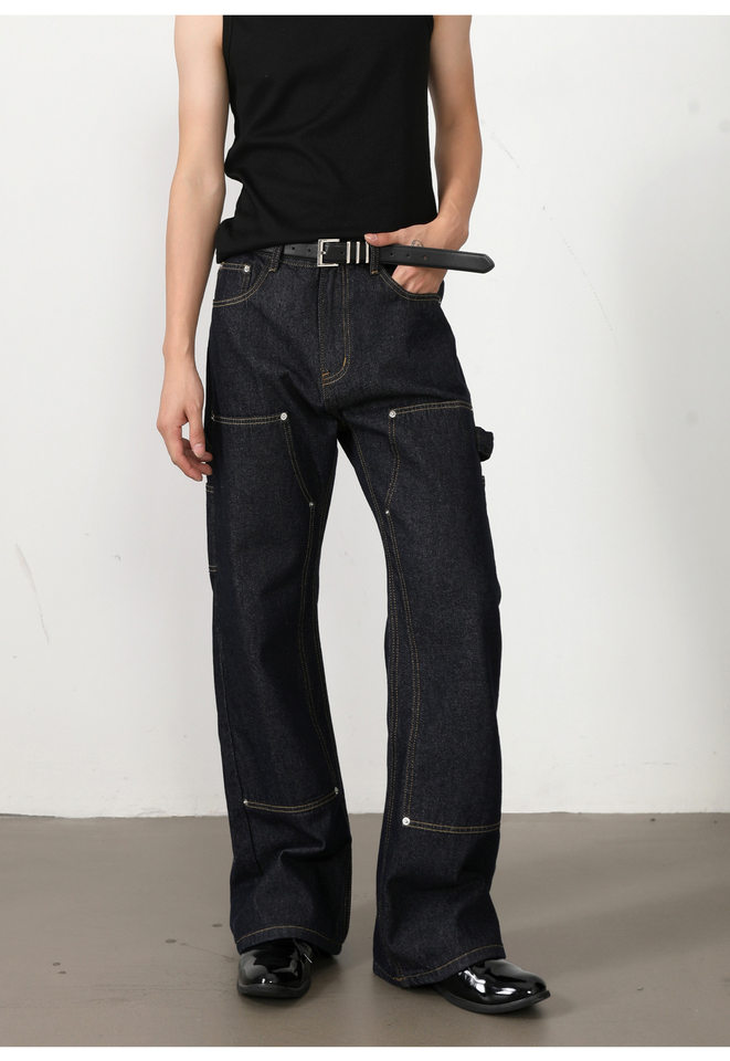 Quần jean nam ống loe nhẹ dáng chữ A phong cách đường phố, cạp vừa, dài — Xanh denim chi tiết 11