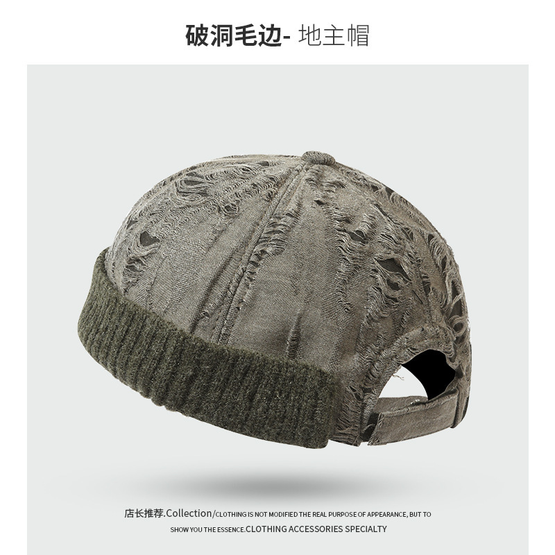 春秋新款废土风软顶破洞磨毛地主帽雅痞瓜皮帽无檐复古街头包头帽|undefined