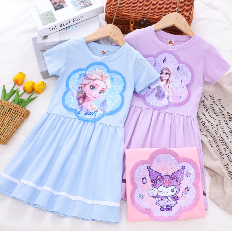 2025 girls color sequins dress summer short sleeve skirt little girl cute princess skirt a generation of hair