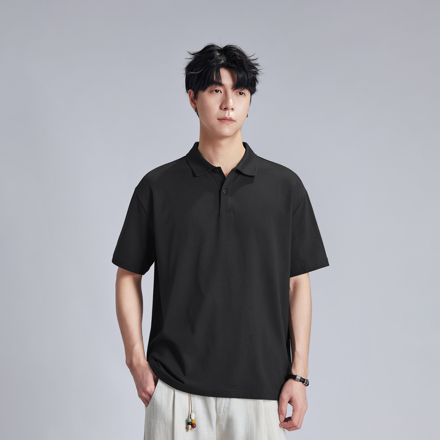 Áo polo nam cổ bẻ dáng rộng chất liệu cotton dày 220g, tay ngắn thoáng khí — đen