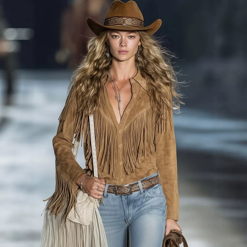 In-Stock Items for Independent Websites 2026 Spring and Autumn New Style Cross-Border European and American Fashion Tassel Lapel Western Retro Shirt In-Stock Items for Independent Websites 2026 Spring and Autumn New Style Cross-Border European and American Fashion Tassel Lapel Western Retro Shirt
