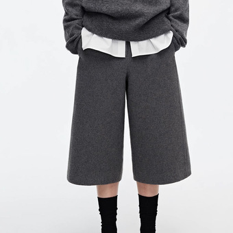 现货绵空气层肌理双面毛呢复古分割直筒7分裤秋冬休闲百搭