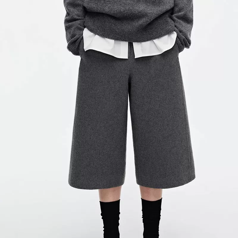 现货绵空气层肌理双面毛呢复古分割直筒7分裤秋冬休闲百搭