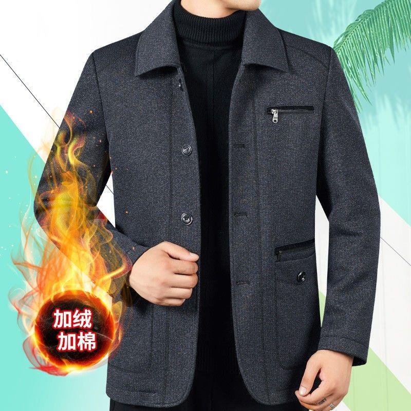 Otoño e Invierno de mediana edad y ancianos hombres chaqueta de lana papá ropa de solapa engrosada chaqueta casual desgaste del abuelo