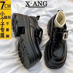 英伦风粗跟jk小皮鞋真皮乐福鞋子女松糕鞋厚底增高小个子女鞋单鞋