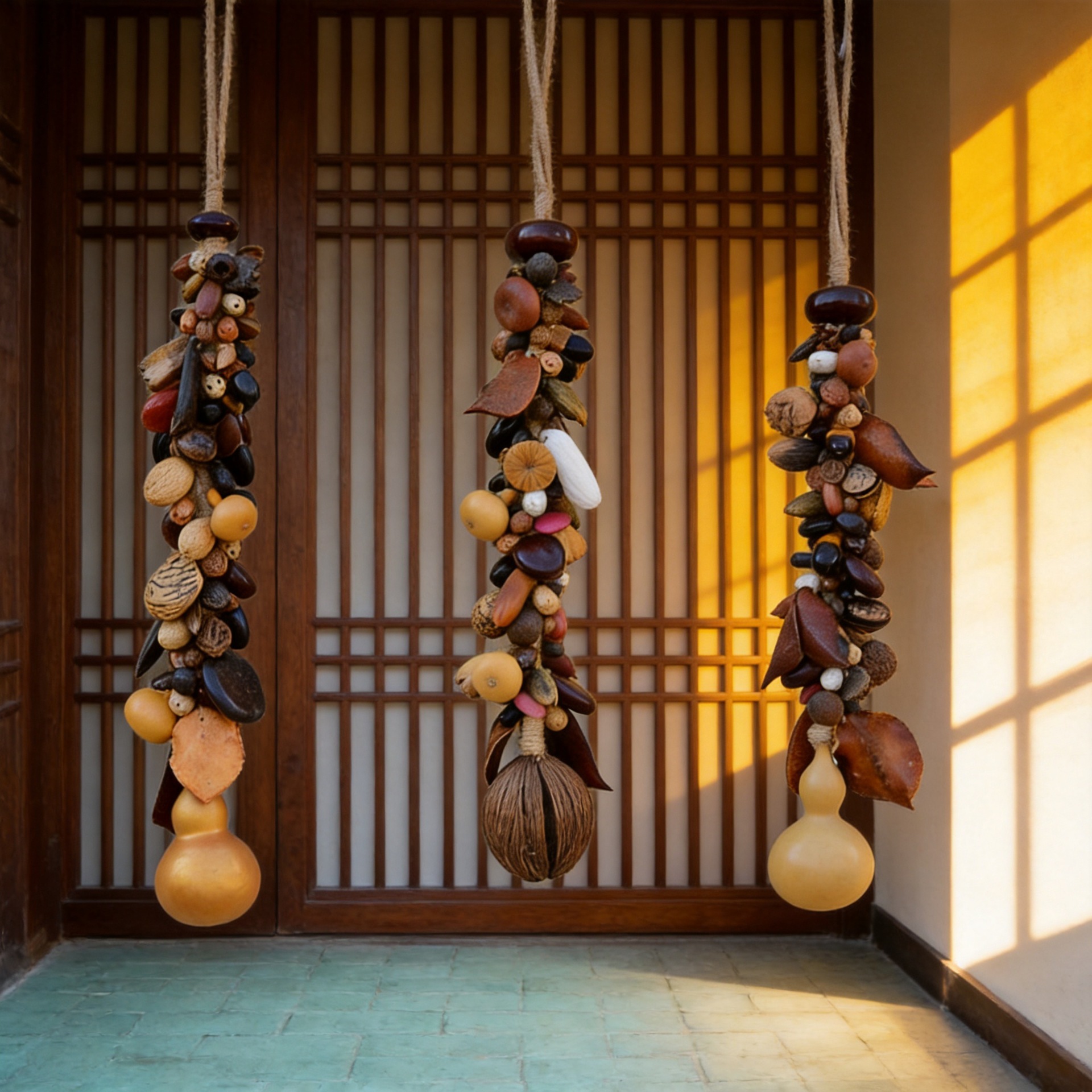 Ethnic-style natural dried fruit seeds, a string of grains symbolizing abundance, a home decoration, a guesthouse ornament, a string of dried fruit.