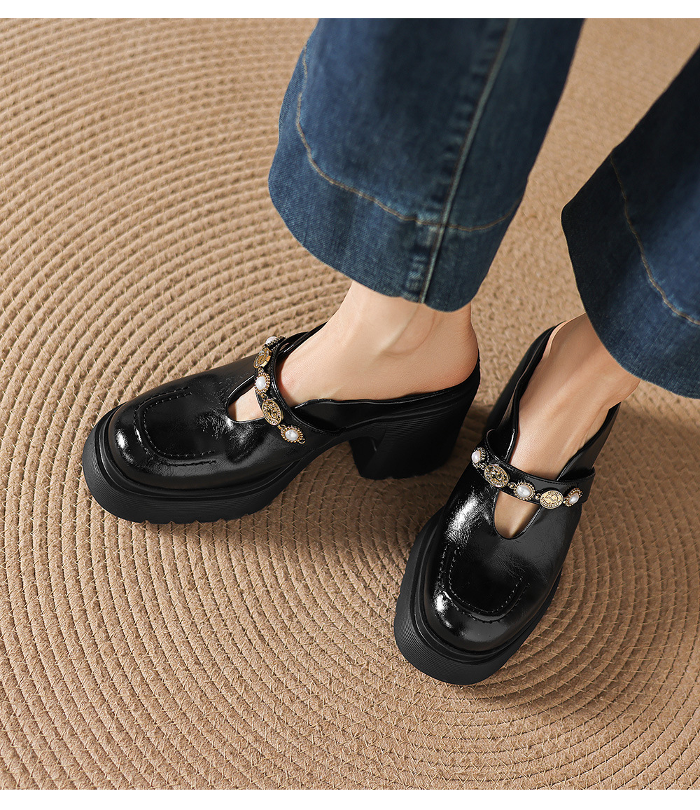Mule nữ da bò bít mũi đế dày gót cao 9 cm khóa kim loại — màu đen, màu trắng ngà chi tiết 14