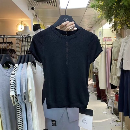 Back hollow knitted sweater for women for short-sleeved summer shirt slim-fitting shoulder short half-sleeved top