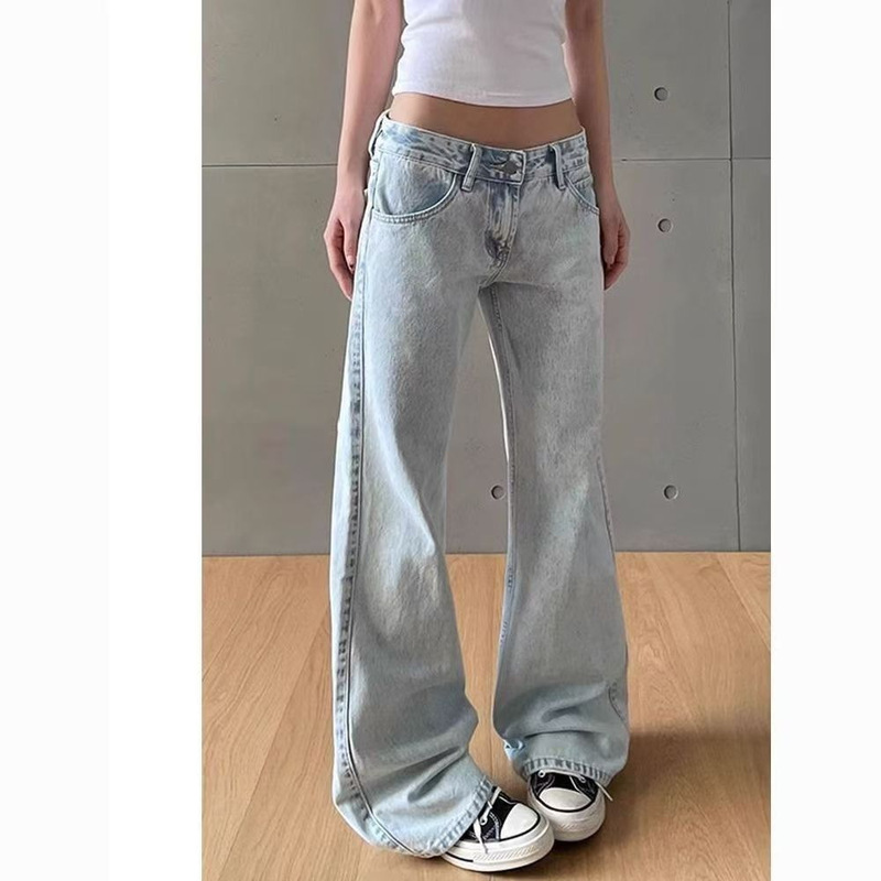 American-Style Spicy Girl Washed Light Blue Low-Waist Flared Jeans for Women, Autumn Slim-Fit Floor-Length Straight Pants