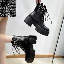 syx馬丁靴女2022新款春秋季靴子女短筒女式皮靴黑色厚底粗跟中筒