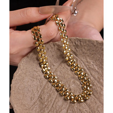 欧美小众设计宽版镂空链条金属冷淡风黄铜镀金时尚大气表扣项链女