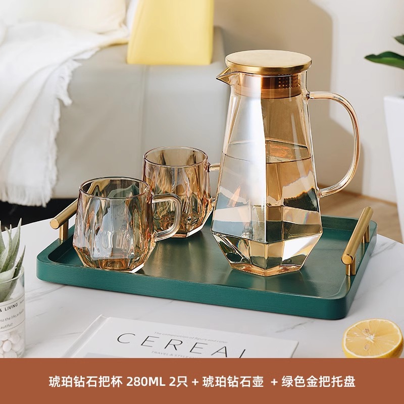 Vaso de cristal de diamante de lujo ligero ámbar, taza de agua para el hogar con asa, taza de té resistente al calor para la sala de estar, juego de taza de agua potable