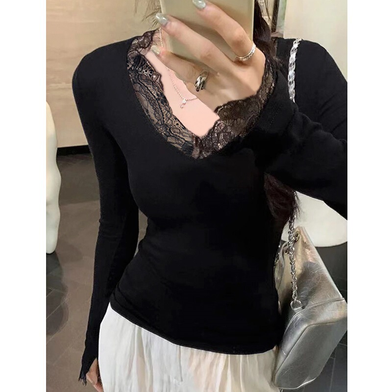 4627 # Official Picture 280g Cashmere Lace Splicing Bottoming Shirt for Women Autumn and Winter Long-Sleeved T-Shirt Fleece-Lined