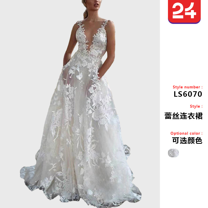 2025年欧美女装蓬蓬裙蕾丝新娘婚纱礼服亚马逊性感白色吊带伴娘服