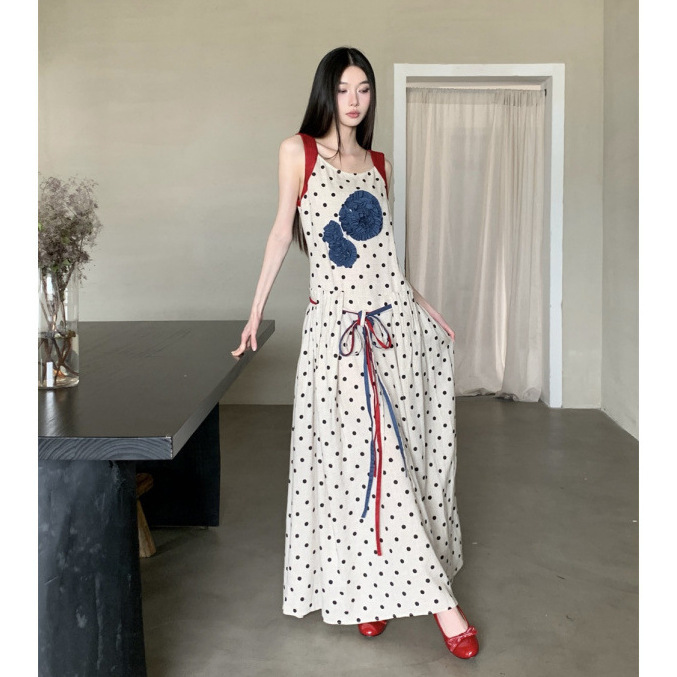 复古度假长裙子波点亚麻立体盘花长款连衣裙|undefined