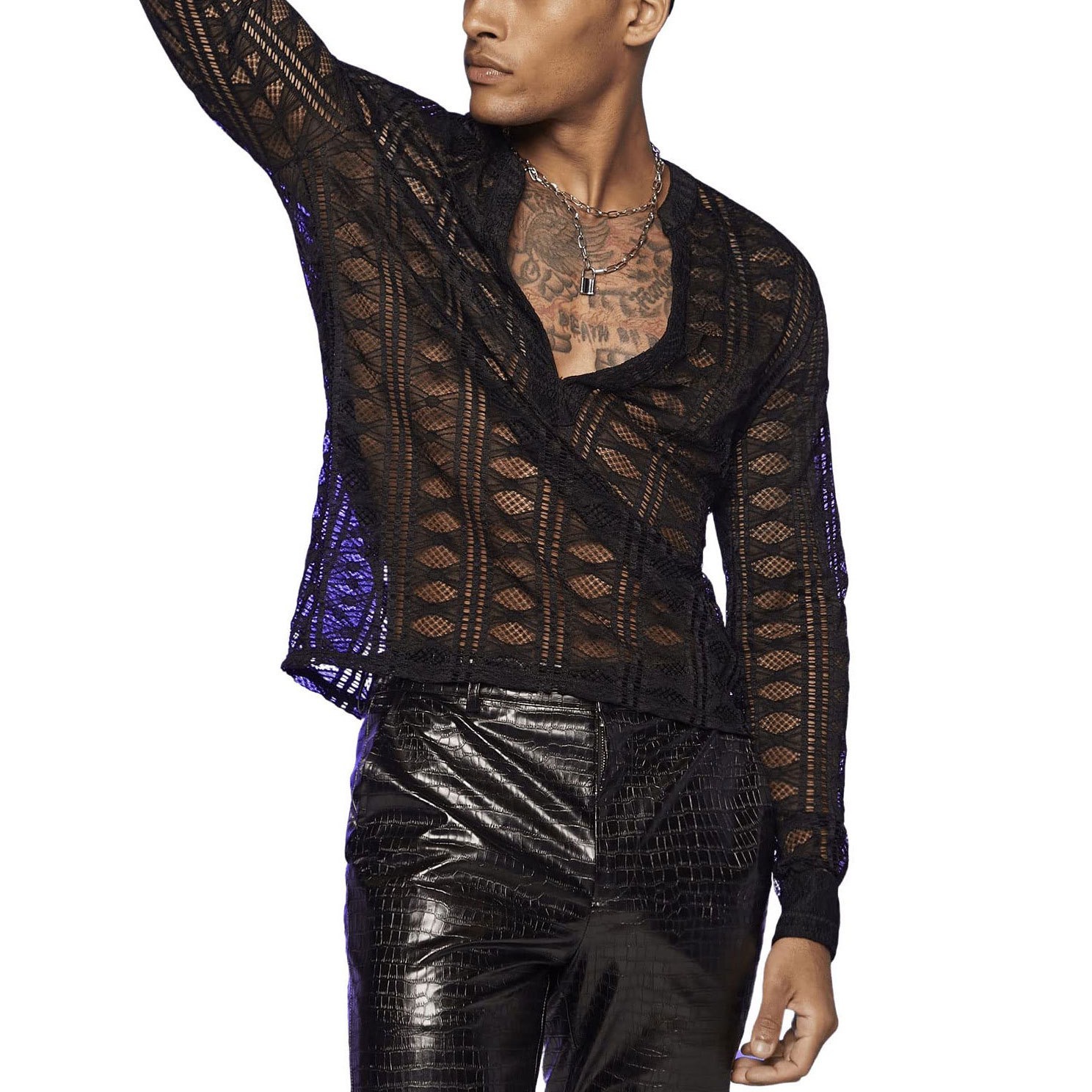 Spot red de pesca de hombre europeo y americano transparente de manga larga con cuello hueco transparente camisa transparente camisa de hombre hueco