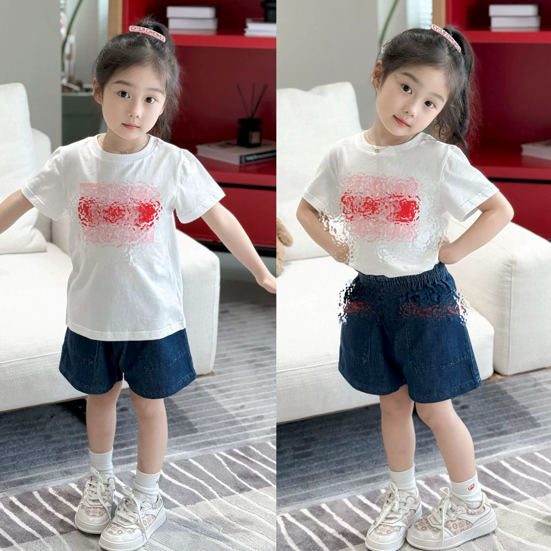 JJ1222 2025 spring and summer new children's T-shirt for girls white half-sleeved red line pattern T princess daily