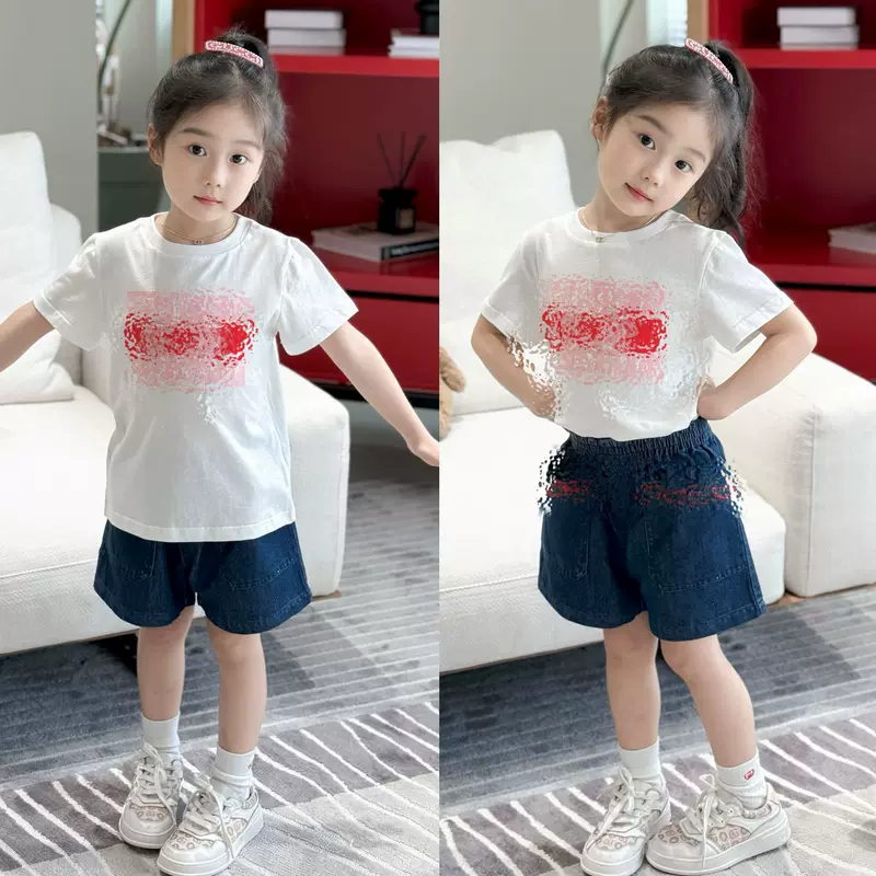 JJ1222 2025 spring and summer new children's T-shirt for girls white half-sleeved red line pattern T princess daily