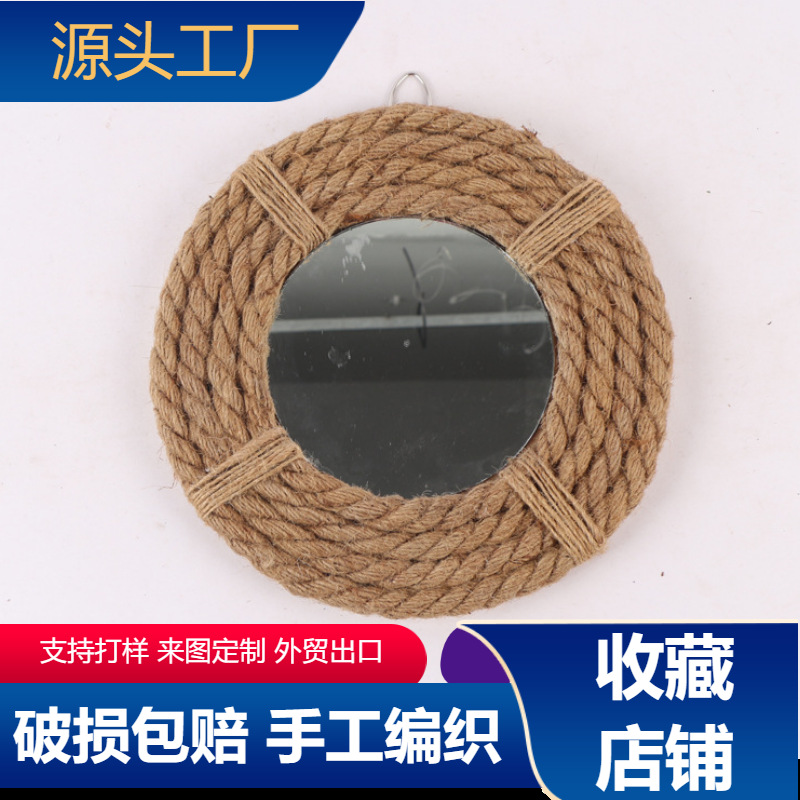 Personalizado Amazon red red ins espejo tejido de cuerda de cáñamo espejo redondo de alojamiento residencial pared interior colgante espejo de maquillaje